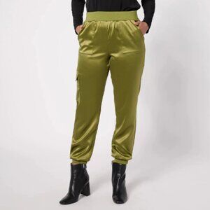 LOGO Lori Goldstein Satin Cargo Pant Rib Wstband-Olive Branch-Petite Med-A629611